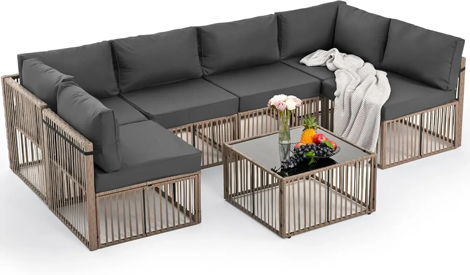 7 Piece Outdoor Sectional Sofa Set, All-Weather Patio Furniture with Washable Cushions, Waterproof Brown Rattan Wicker Conversat