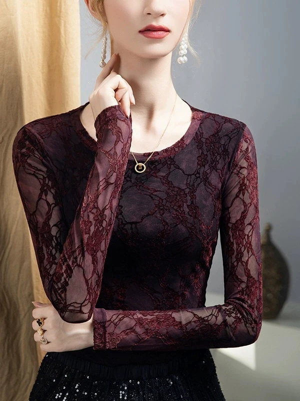 MadBlack-Women European Flocking T-Shirt, Sexy O Neck Lace, Vintage Long Sleeve Slim Mesh S-3XL Sheer Tee, 2026 Autumn T6O513CC