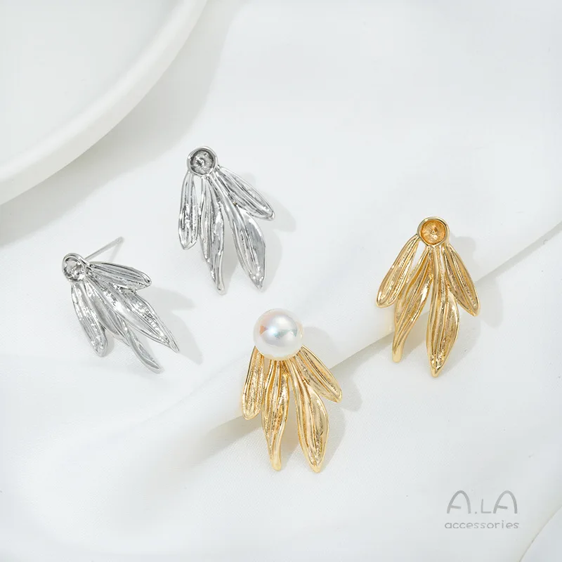 14K Gold Color Retro Bamboo Leaf Shape Half-Hole Bead Cap Leaf Stud Earrings DIY Pearl Pasted Earring Jewelry Accessories