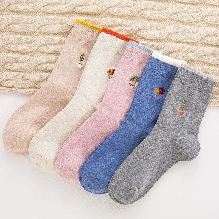 2024 New Women's Socks Japanese All Cotton Embroidered Mushroom Cactus Cute Mid Length Socks, Casual and Versatile Sock