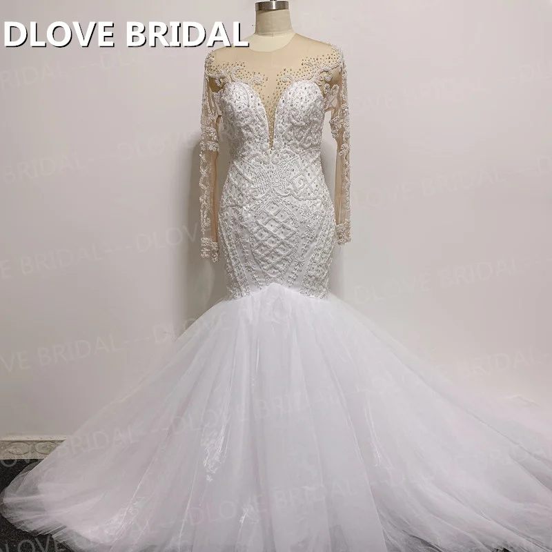 Vestido de novia de sirena de lujo hecho a medida, vestido de novia de cuentas delicadas con ilusión, mangas largas