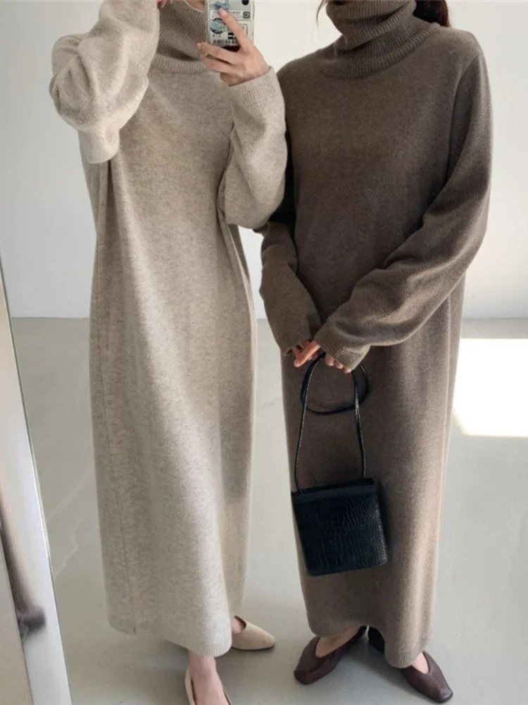 

Women's Loose Thick Cashmere Sweater Dress, Long Skirt, Half High Collar, Sequin, Heavy Industry, Autumn, Winter, New