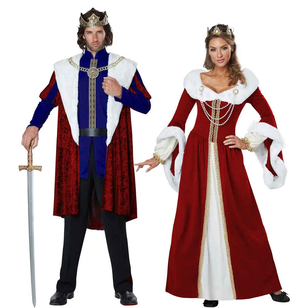 Rotes Mittelalterliches Hofkleid für Erwachsene, König- und Königinnen-Kostüm, Europäisch-Amerikanisches Klassisches Doppelkostüm, Königliche Retro-Renaissance-Paarkleider – Detail 4