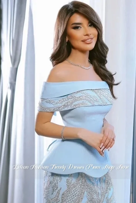 Vestido de noche azul cielo, vestido con hombros descubiertos de Oriente Medio, vestido de fiesta para ocasiones formales, falda con apliques de cuentas de cristal personalizada