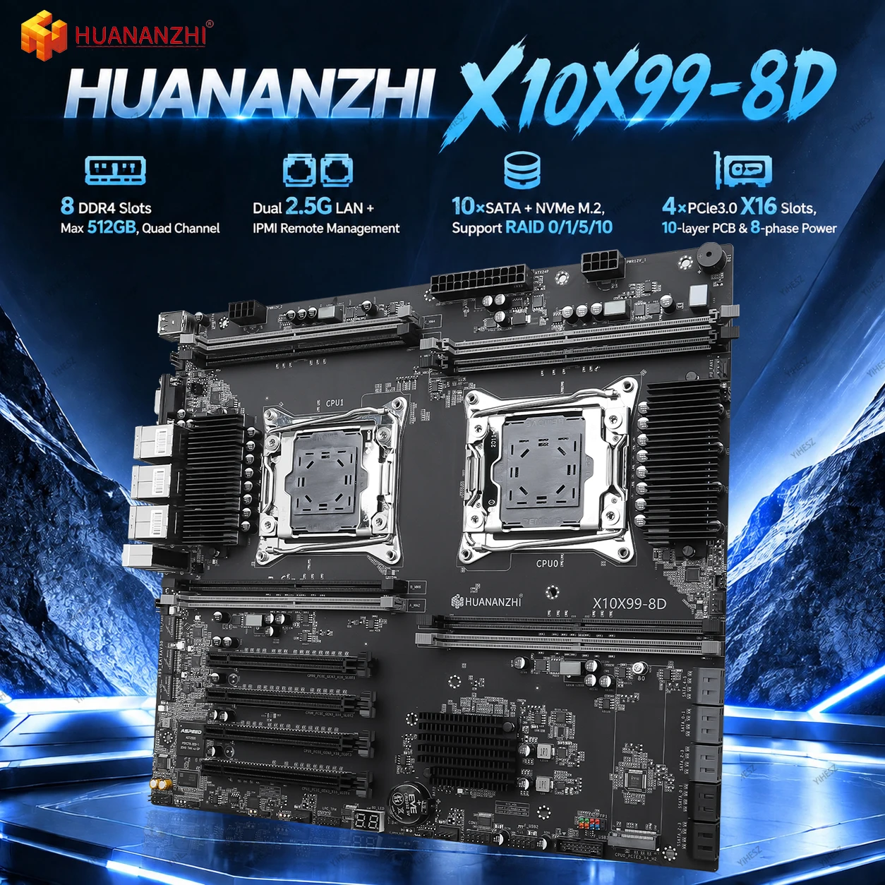 X10X99-8D Mainboard LGA2011-3 DDR4 512GB C612 Quad Channel 8 Slot M.2 NVMe 4xPCIe x16 10xSATA RAID Dual 2.5G LAN IPMI Server