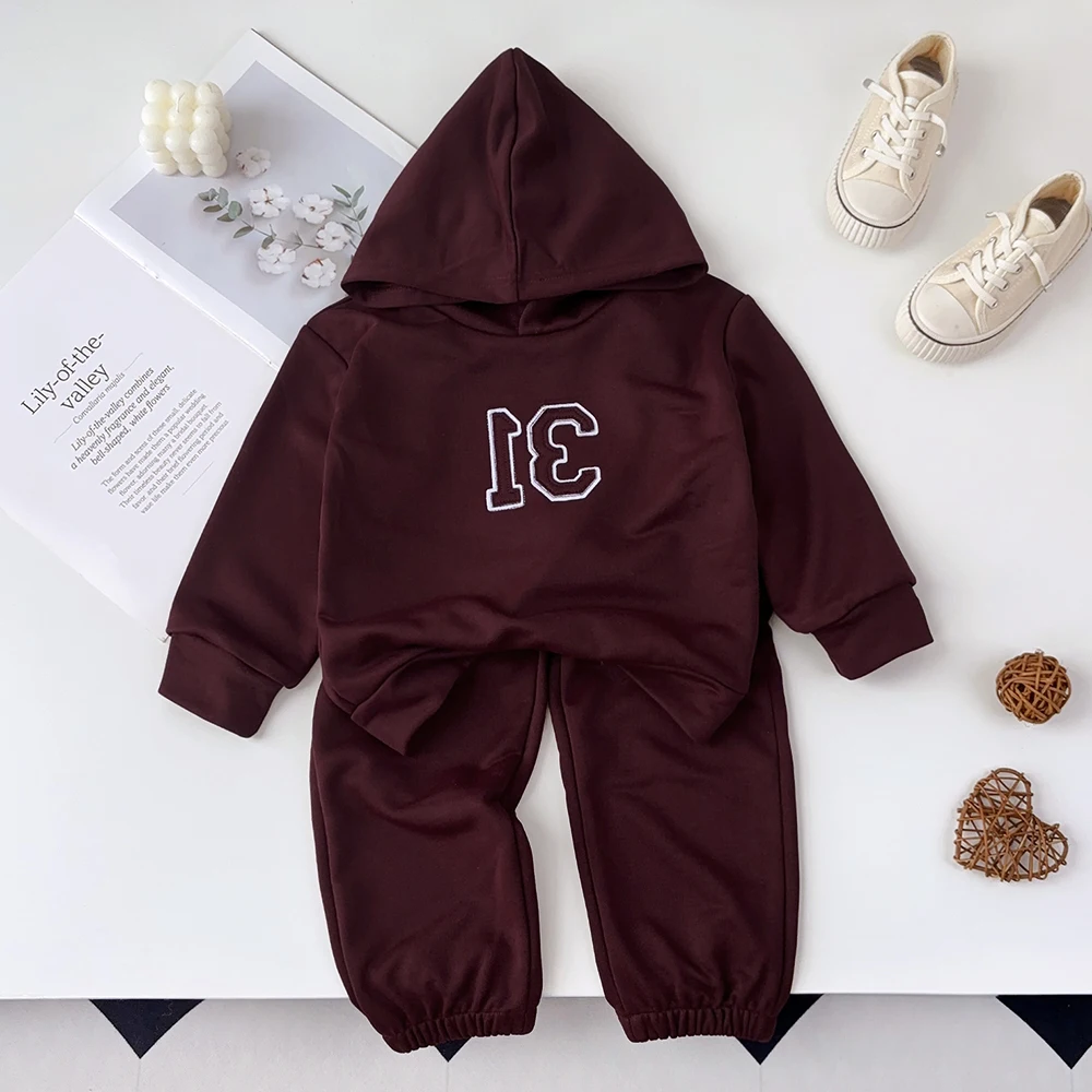 Autumn Sports Children's Sets Wine Red Digital Hoodie+Pants Suits Casual Daily Casual Solid Color Girls' Clothes 3-7 Years Old