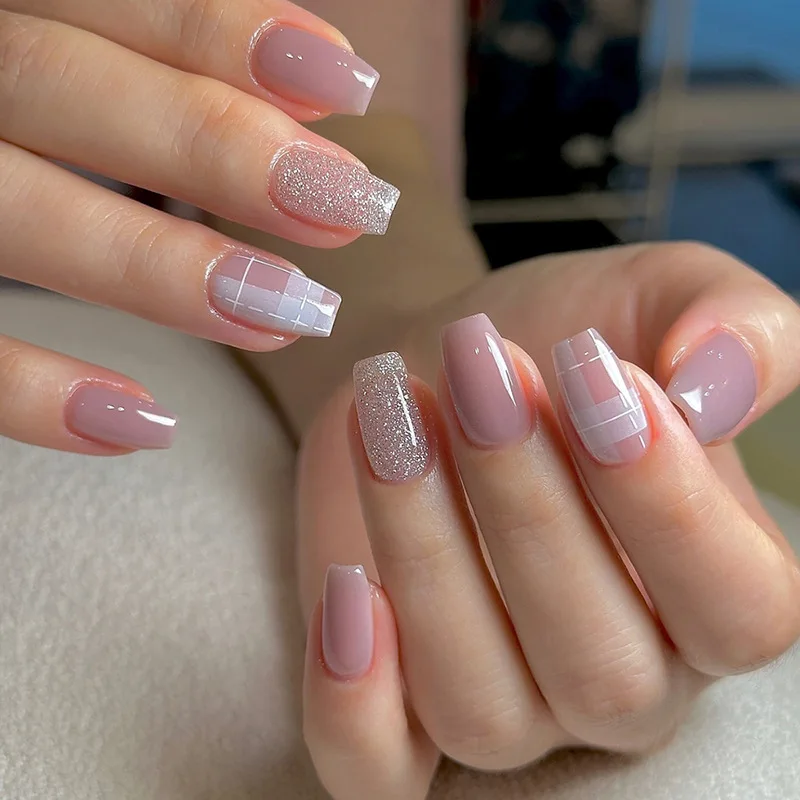 Short Medium fake nails for women Glossy ballet nail tips with grid stripes glitters design full cover press on false nail art