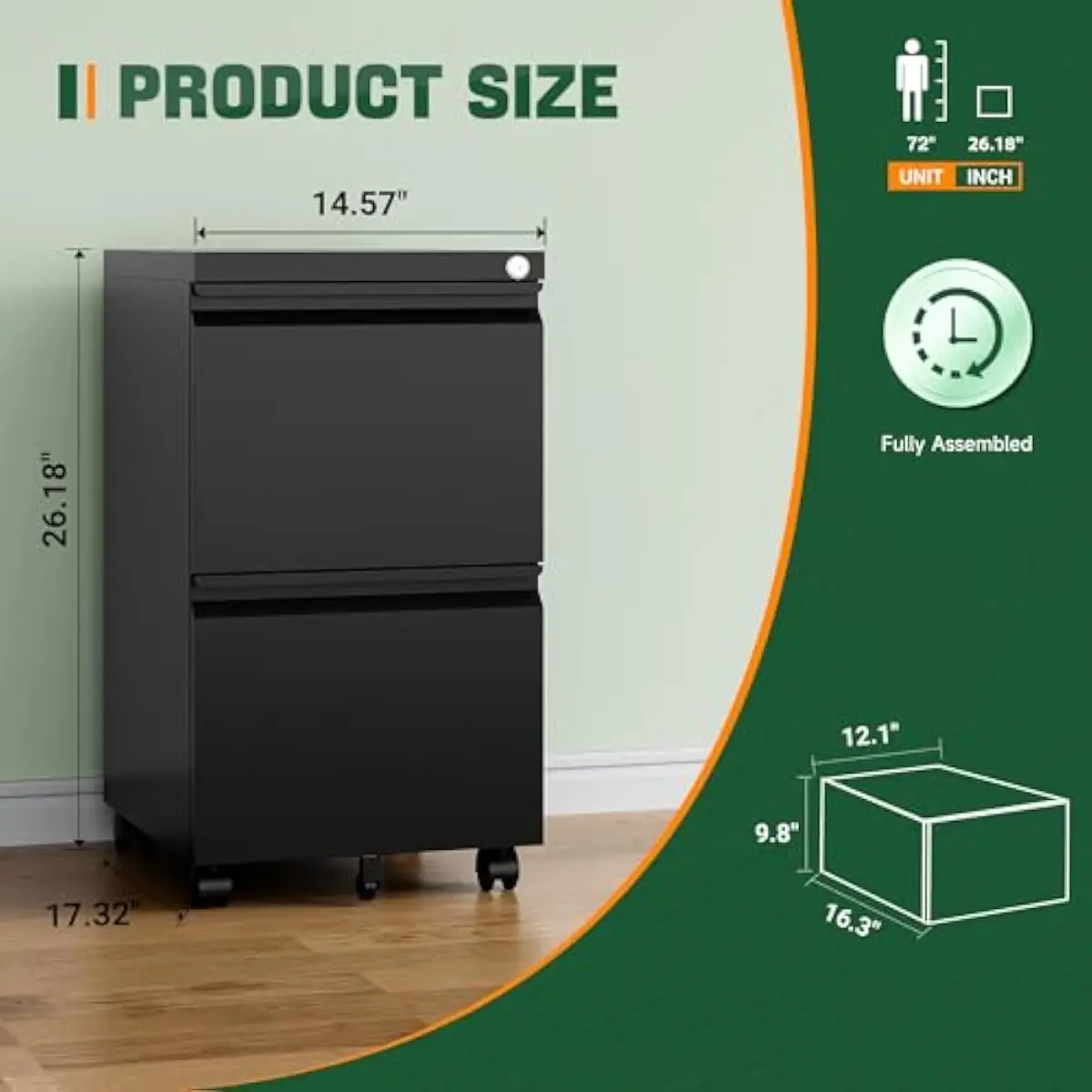 Rolling Steel File Cabinet with Lockable Drawers for A4 Legal Letter Documents Under Desk Storage Fully Assembled Compact Office