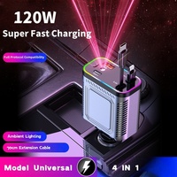 Starlight 120W Car Charger Fast Charging Retractable Expansion Cable 4 IN 1 Cigarette Lighter Adapter Type C Cable For Car