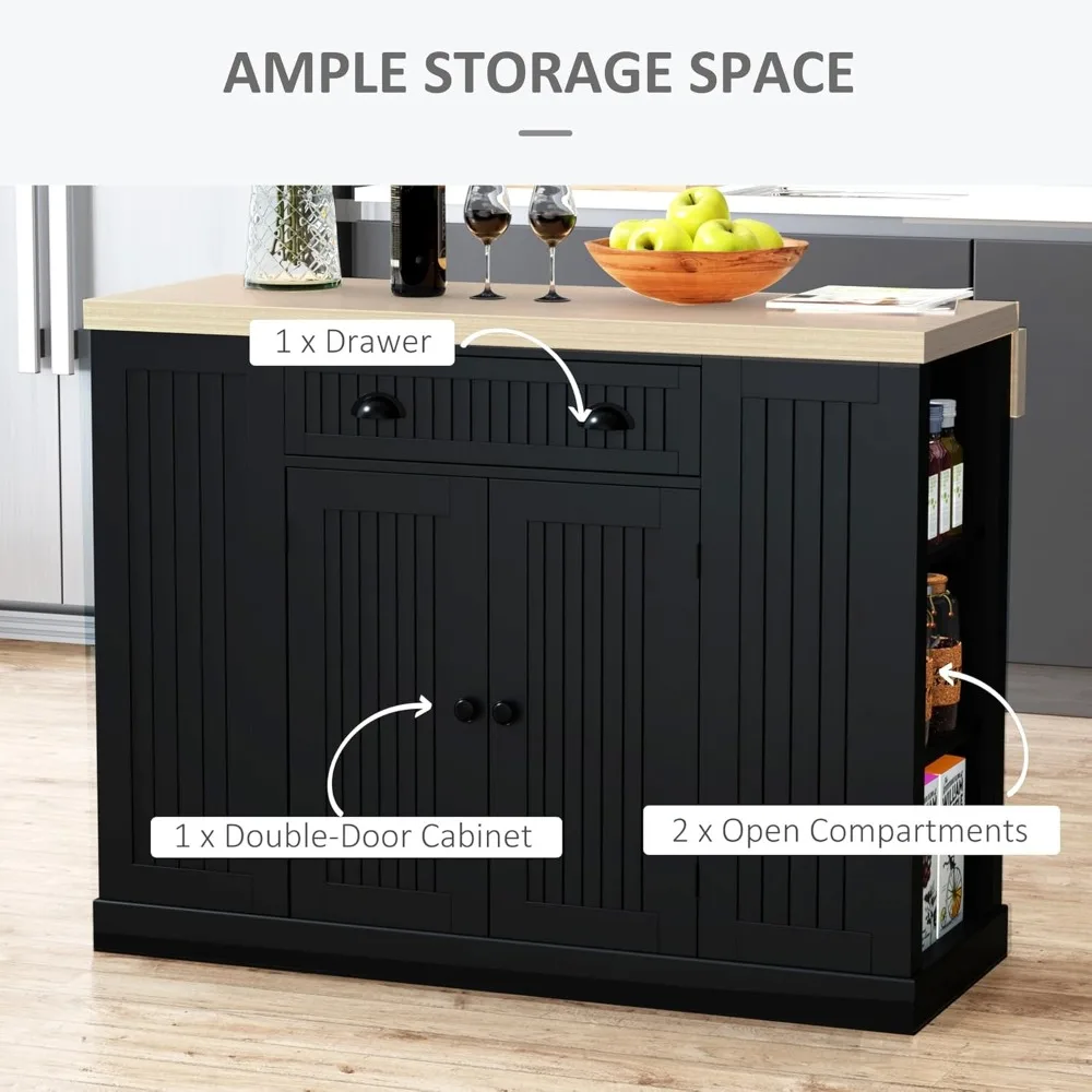 جزيرة مطبخ خشبية مخددة مع أوراق متدلية ودرج وأرفف مفتوحة لتخزين سطح الطاولة #3