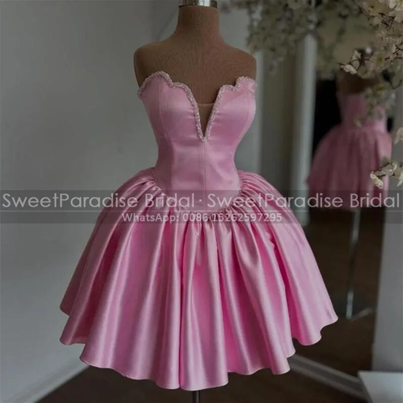 

Puffy A Line Short Prom Dresses Beaded Sweetheart Neck Customized Women Pink Mini Evening Dress Party For Women