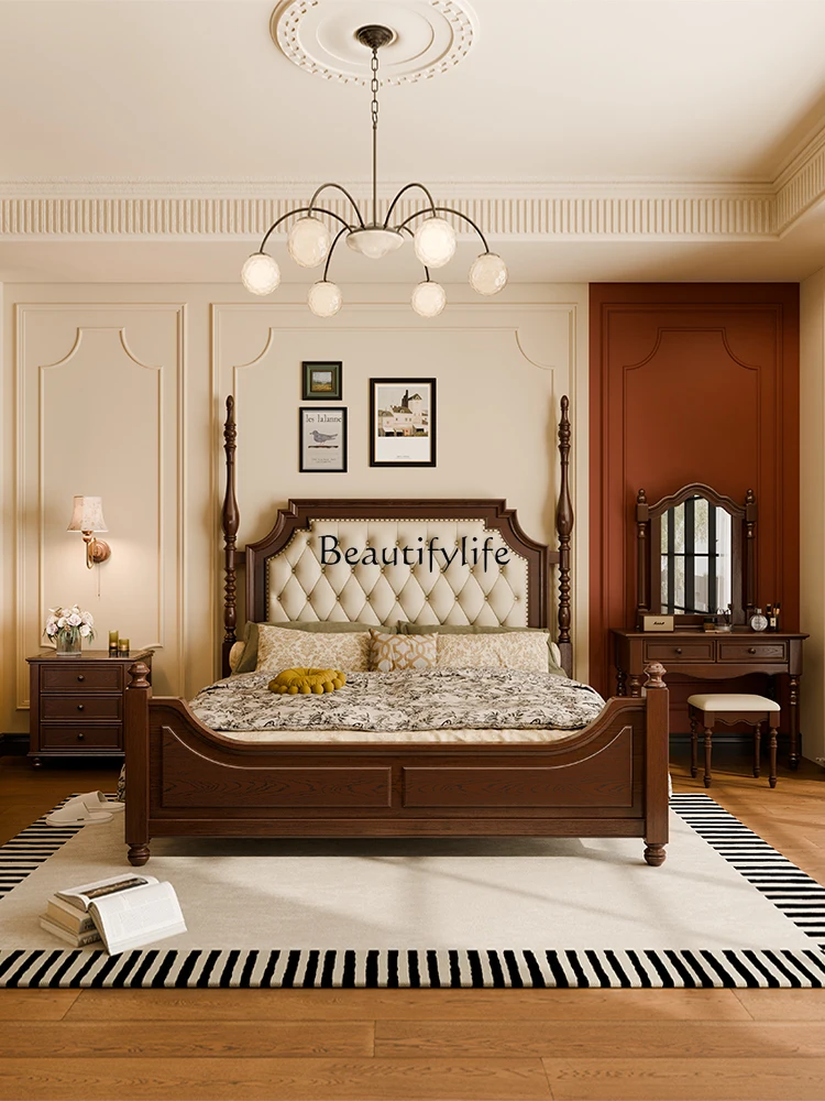 

American-style Solid Wood Bed High-end Elegant Retro French-style Upholstered Headboard White Ash Wood