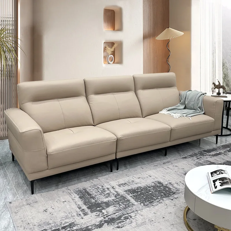 //Luxury Comfortable Genuine Leather Three Seat Living Room Sofa Wood Legs High Leg High Density Sponge Filling Modern Italian