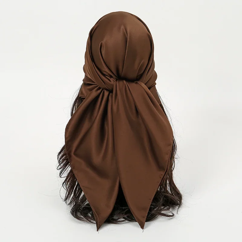 무슬림 여성 히잡 랩 패션 헤어 스카프 캐주얼 이슬람 터번 여성 반다나용 플레인 실크 90 스퀘어 스카프 새틴 헤어밴드