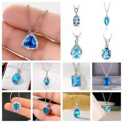 New Triangular See Blue CZ Pendant Necklace for Women  2024 Exquisite Bridal Wedding Neck Accessory Gift Statement Jewelry