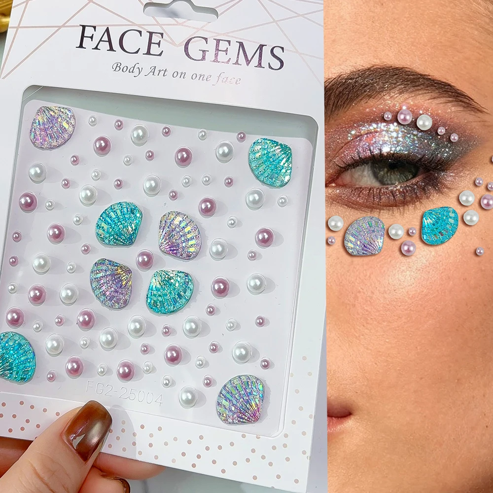 3D Dreamy Pearl Shell Gems Face Stickers Pink White Pearl Aurora Glitter Shell Rhinestone Sticker For Eye Face Makeup Decoration