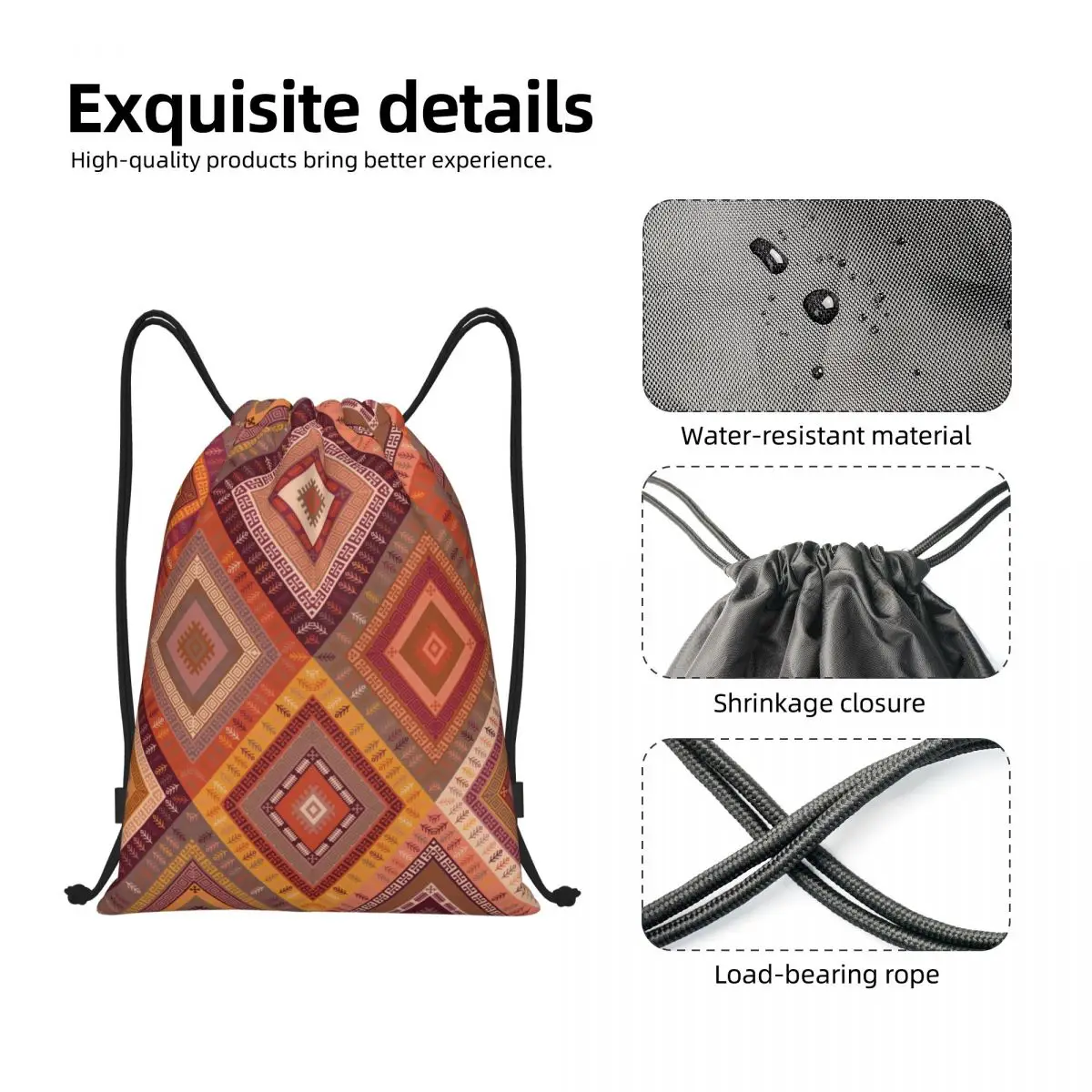 Kilim Diamonds Turkish Ethnic Art Drawstring Backpack Sport Sackpack Foldable Bohemian Persian Tribal Carpet Training Bag Sack - view 3