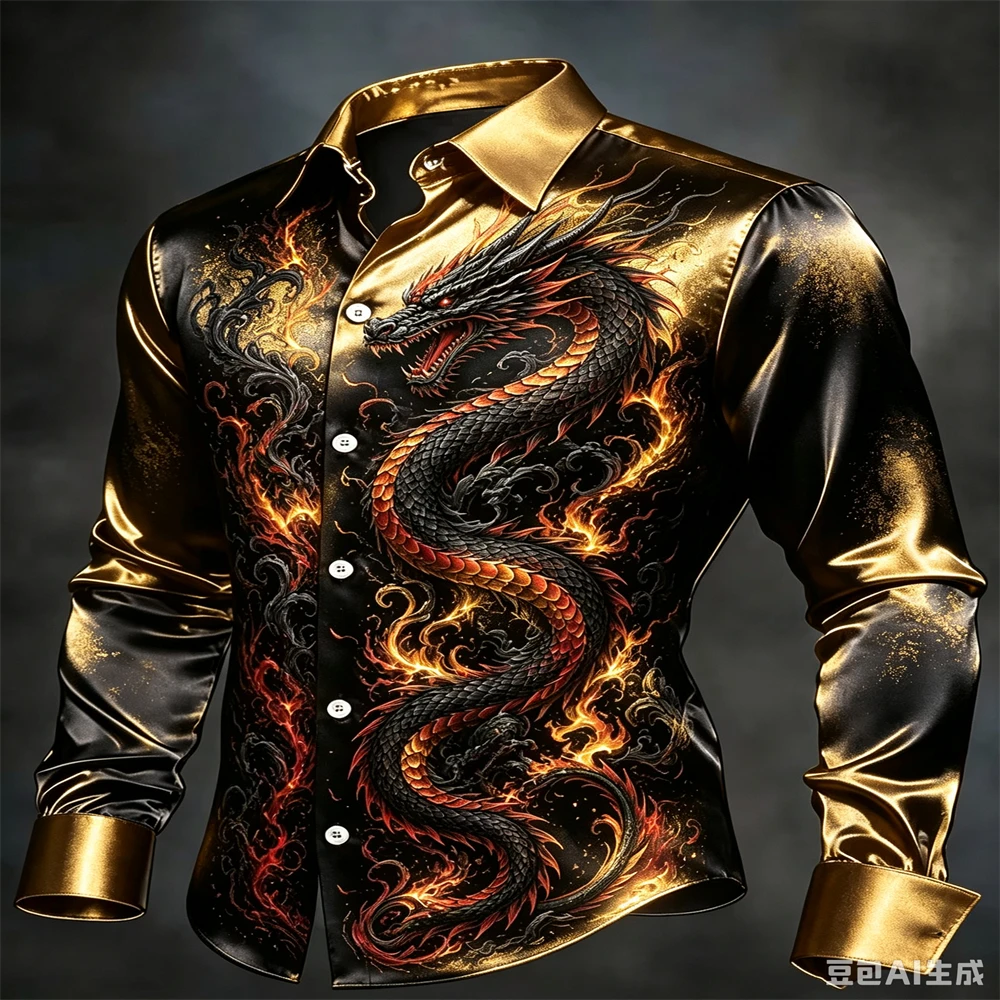 Men Luxury Satin Shirt Chinese Dragon Fire Totem Print Long Sleeve Button‑Up Shirts  Streetwear Party Formal Casual Male Blouse