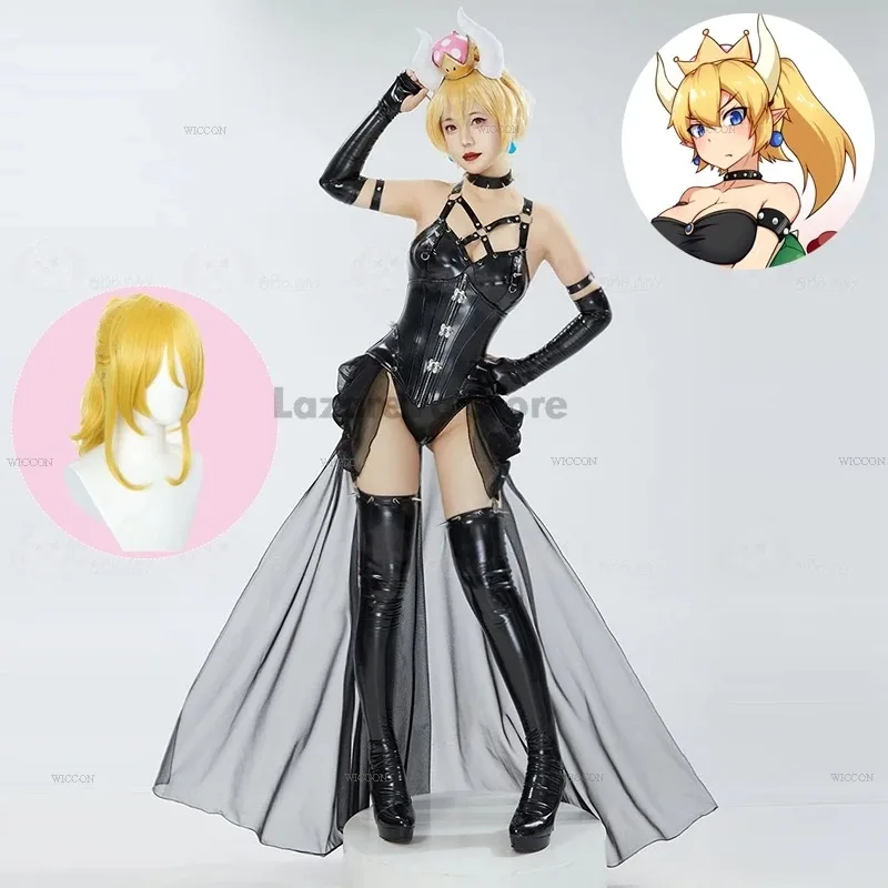 Женский черный костюм принцессы, сексуальный костюм Bowsette Doujin Peach, карнавальный костюм, милый вечерние латексный костюм на Хэллоуин, аниме-платье