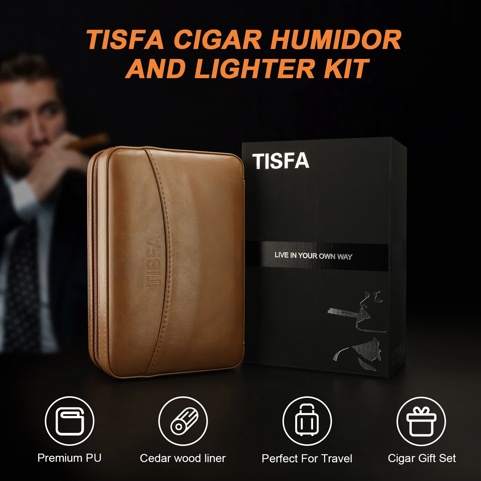 Cigar Humidor, Leather Cedar Wood Cigar Case with Cigar Lighter, V Cut Cigar Cutter,Cigar Holder 3 in 1 Travel Cigar Humidor Box