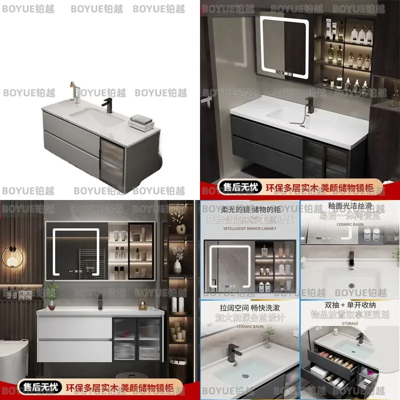 Slate Ceramic Integrated Basin Vanity Set with Toilet Solid Wood Mirror Cabinet Bathroom Washstand Combo Full Suite