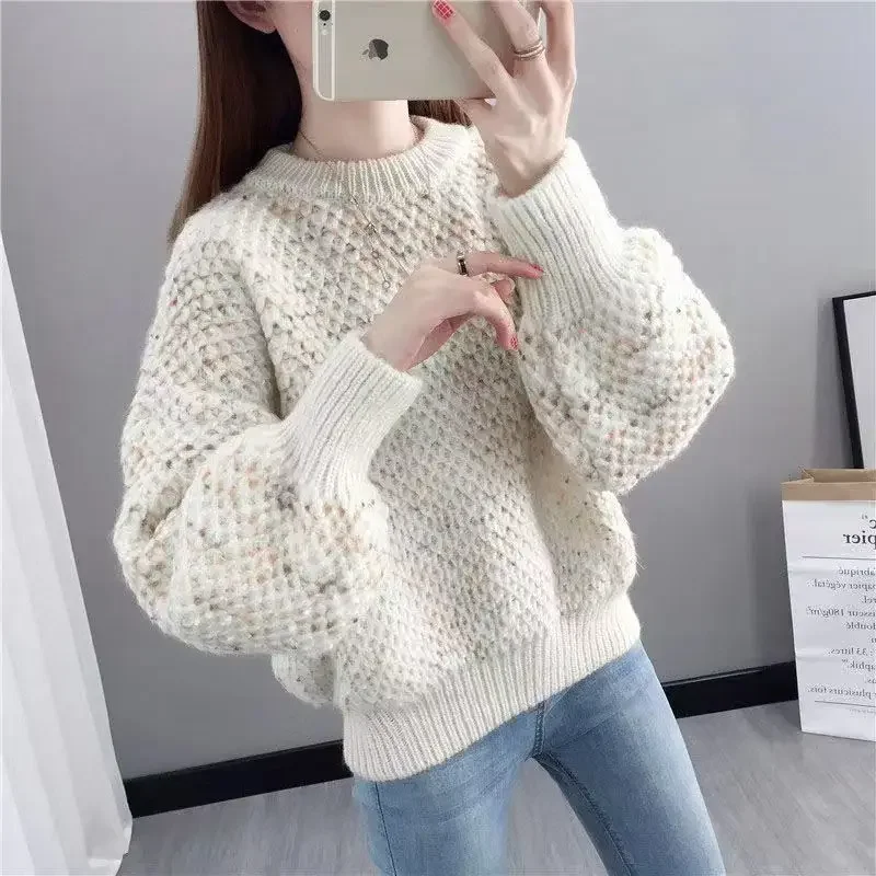 ラウンドネックのボトムスセーター、ゆったりとした着心地で、厚手のランタンスリーブセーター、新しいプルオーバー