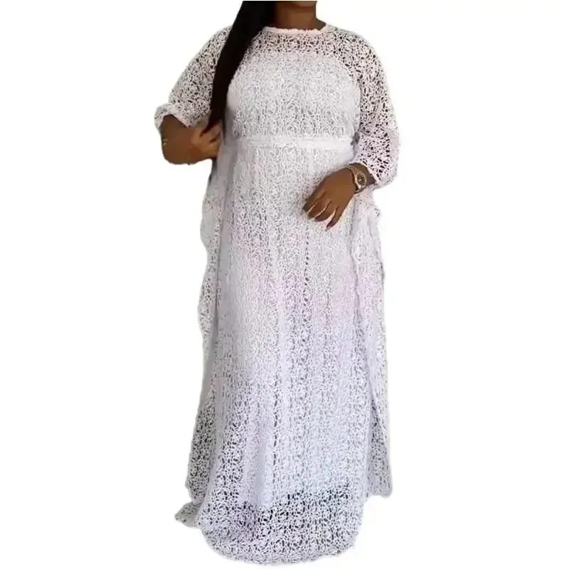 Abiti da festa di nozze africani per donna Primavera Estate Elegante manica a 3/4 in pizzo bianco Plus Size Abiti maxi Abiti Abbigliamento africano