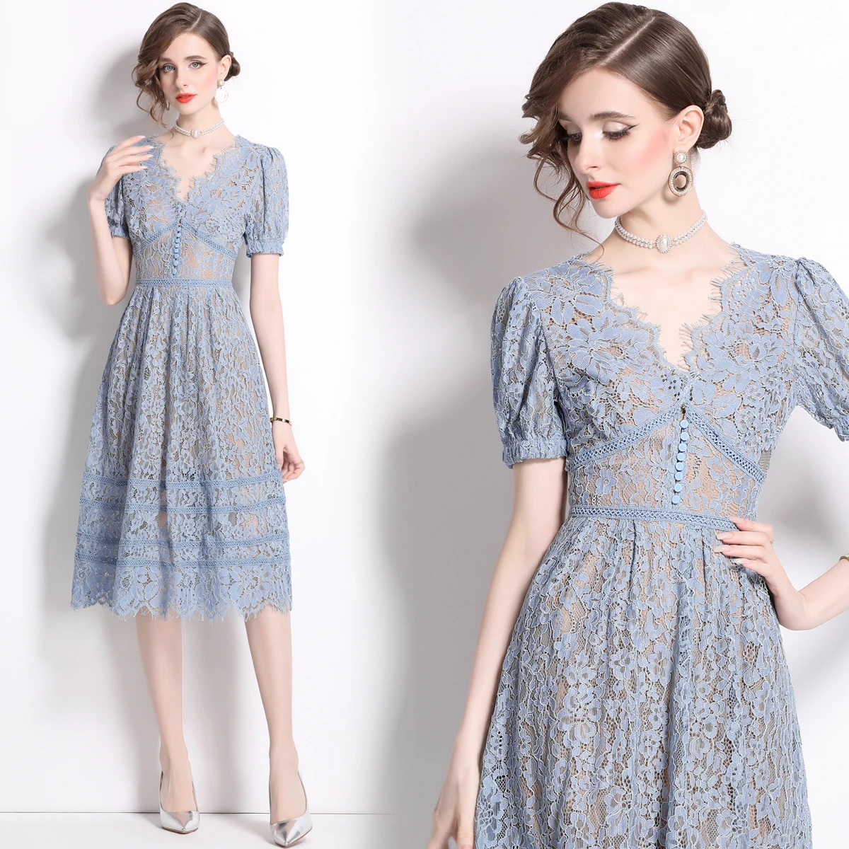 

French Vintage Lace Fashion Hook Flower Hollow Elegant Dress Women Summer New V-Neck Waist Temperament Slim Fit A-line Dress