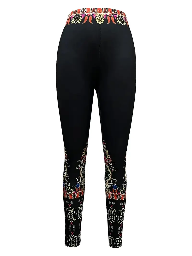 Ethnic print stretch tight elastic waist casual leggings for women every day