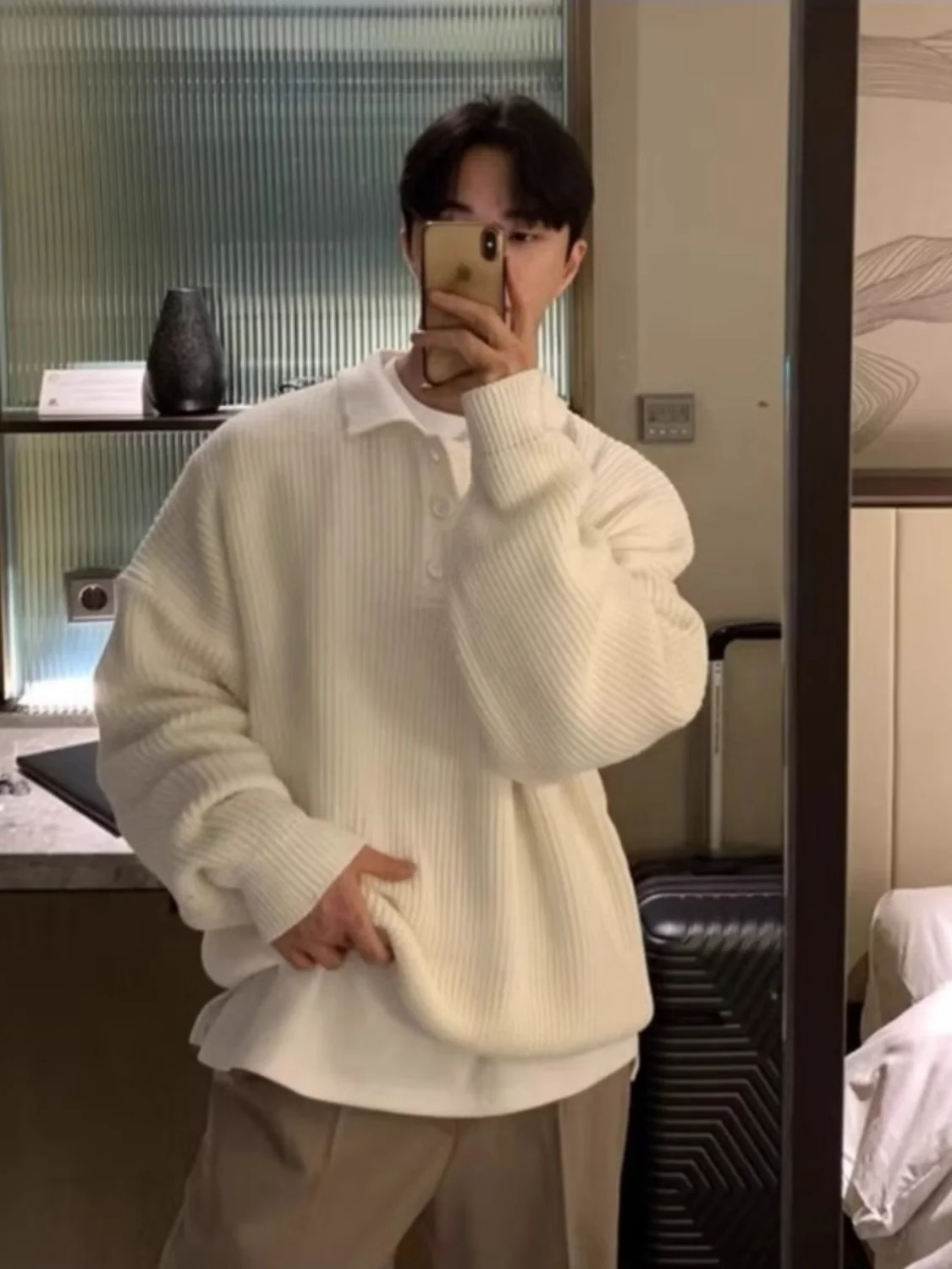 

Loose Fit Ne Knitwear Men's Pure Color Turn-down Collar Sweater Comfortable Long Sve Top for Autumn Winter