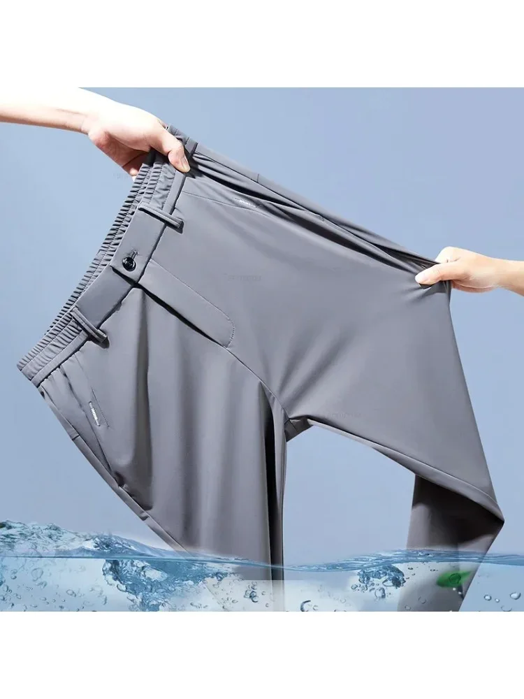 Ultradünne elastische Herren-Freizeithose, Sommer, schnell trocknend, Eisseide, schmal, gerade, Business, einfarbig, Schwarz, Grau