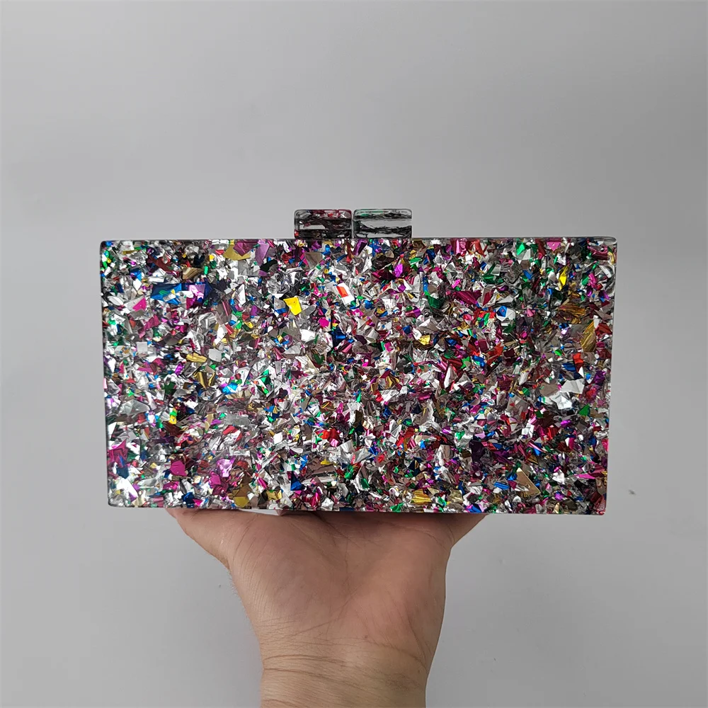 Big Colorful Glitter Silver Acrylic Box  Evening Clutch Bags For Wedding Party Purses And Handbags Luxury Designer Mini Flap