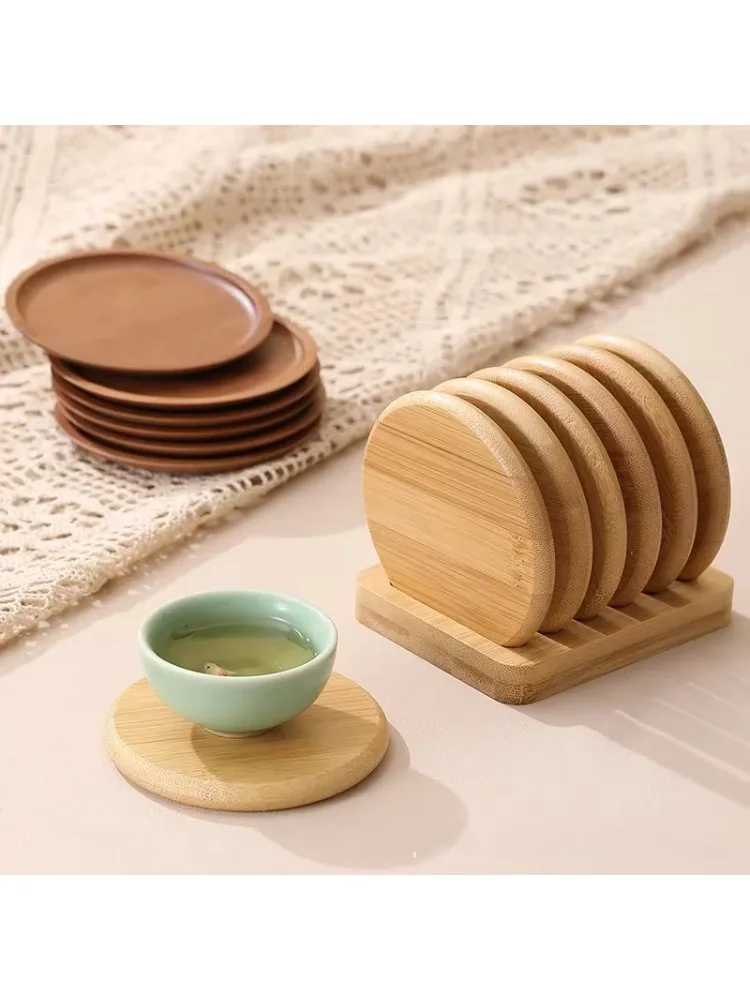 Ensemble de dessous de verre à Base en bambou, porte-gobelet créatif Simple, rond, coussin isolant, porte-gobelet de thé en bambou, présentoir, accessoires