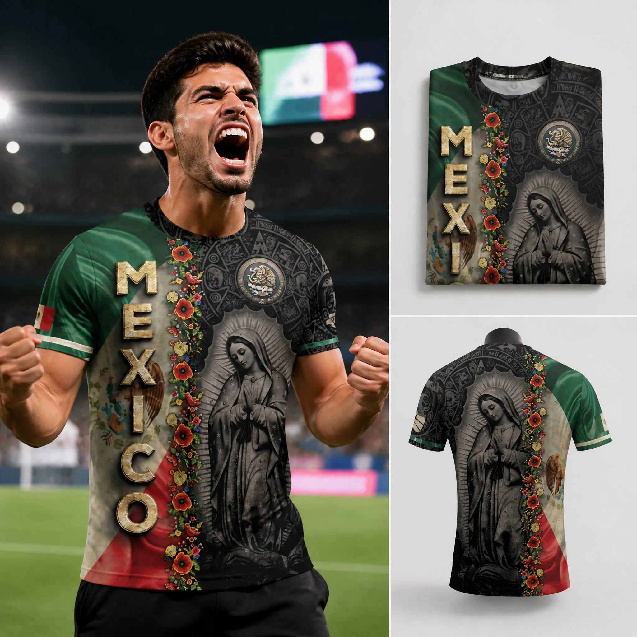 Mens Round Neck T Shirt Mexico Floral Virgin Graphic Short Sleeve Casual Top with Green Flag Panel and Golden Letter Design Tees