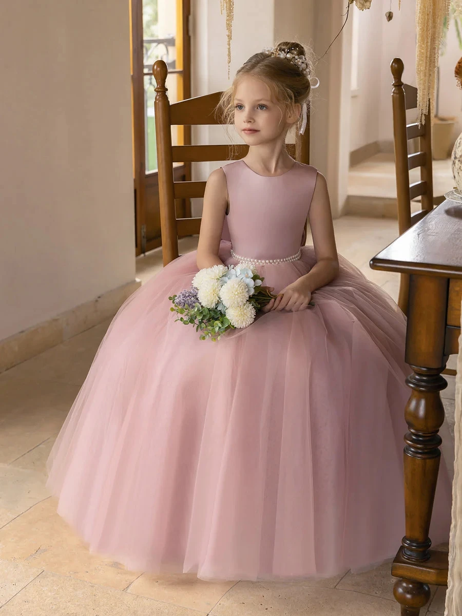 Tulle Ball Gown/Princess Flower Girl Dresses With Pearls & Satin Bowknot vestidos de 15 quinceañera 2024 vestido niña