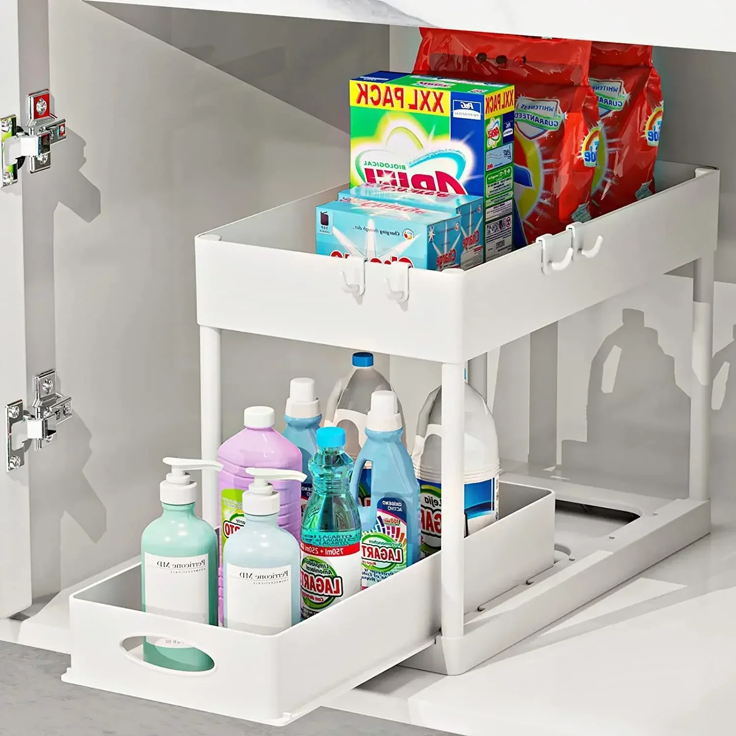 

Under Sink Storage Organizer 1 / 2 Tier Drawer Multipurpose Hook Holder Rack Cabinet Bathroom Kitchen Organizer Storage