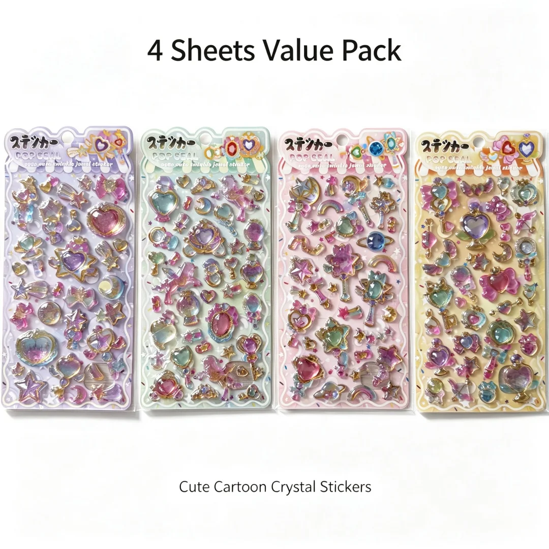 4Sheets Cute Sparkle Gem Heart 3D Crystal Epoxy Glossy Raised Waterproof Self-Adhesive Magic Crown Star Stickers for  DIY Crafts