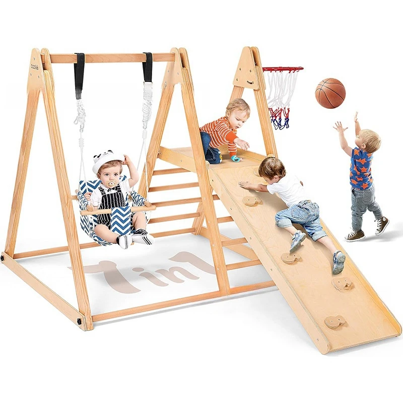 

Деревянный игровой комплекс 7 в 1 для малышей: Монтессори-горка, качели, сетка для лазания. Идеально для школ и парков развлечений.