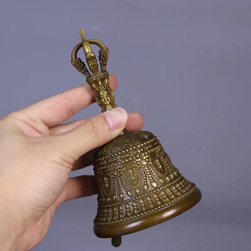 Chinese Antique Tibetan Brass Handbell Vajra Bell Eight Treasures Sanqing Bell Buddhist Statue Sculpture Ornament