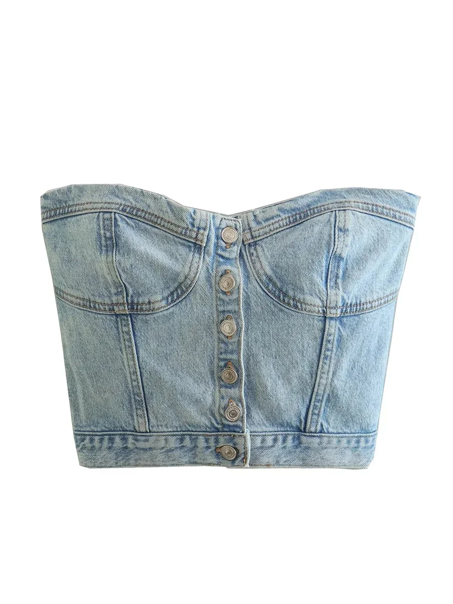 Women Y2K Denim Crop Top Vest Chic Backless Off Shoulder Strapless Corset Tube Top Fashion Sexy Button Up Jeans New Streetwear