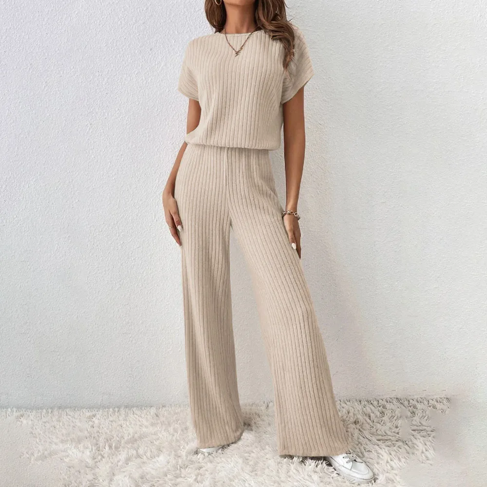 2024 New Two Piece Set Women Outfit Summer Casual Short Sleeve T-Shirt Long Pants Solid Color Suits Loose Sport Matching Sets