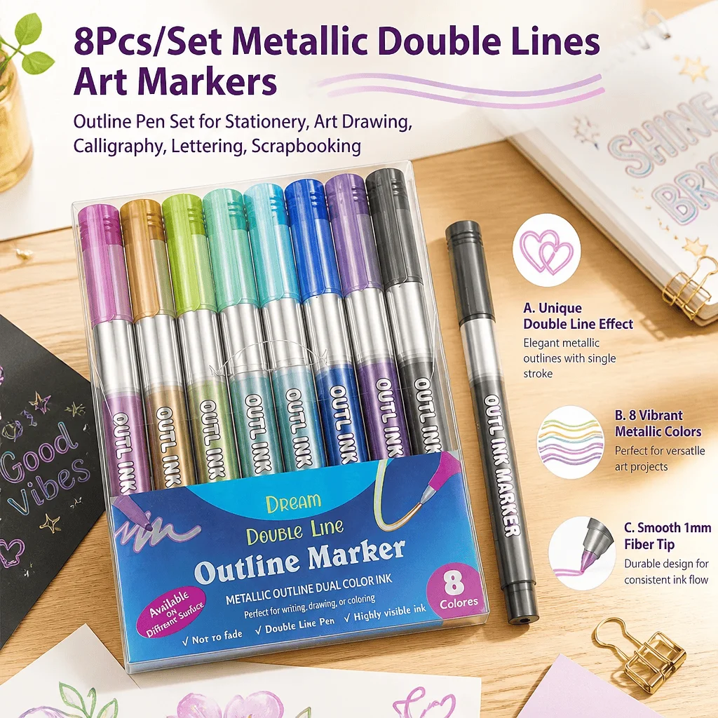 Outline Markers Double Line Metallic Pens 8 Colors Set Art Supplies Journaling Scrapbooking Calligraphy Stationery Smooth Fiber