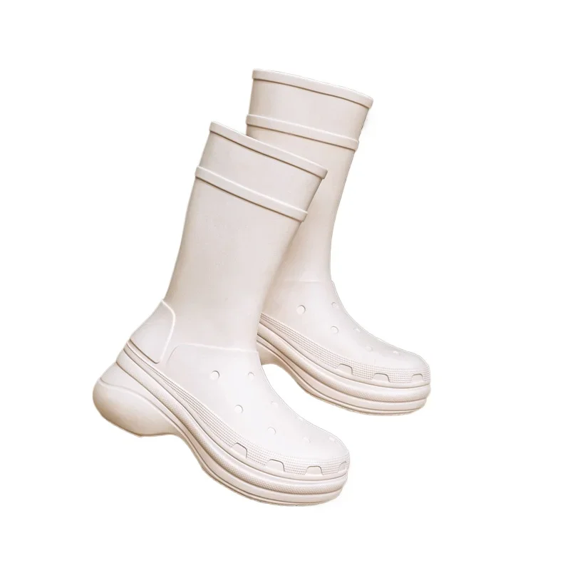 أحذية الثلوج النسائية عالية الركبة سهلة الارتداء لجميع المواسم - أحذية المطر الشتوية المعزولة الحرارية المقاومة للماء، لون خالص دافئ بدون خياطة