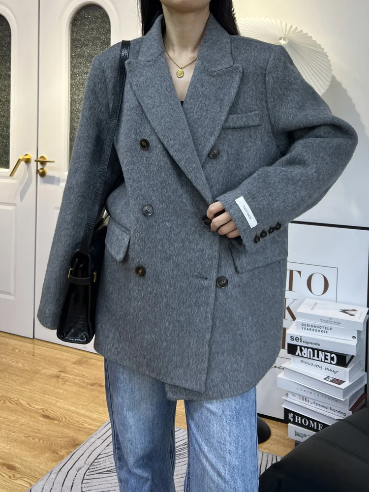ダブルブレスト長袖ウールコート女性ファッション冬ハイエンド両面100％ウールコートショートソフトラペル