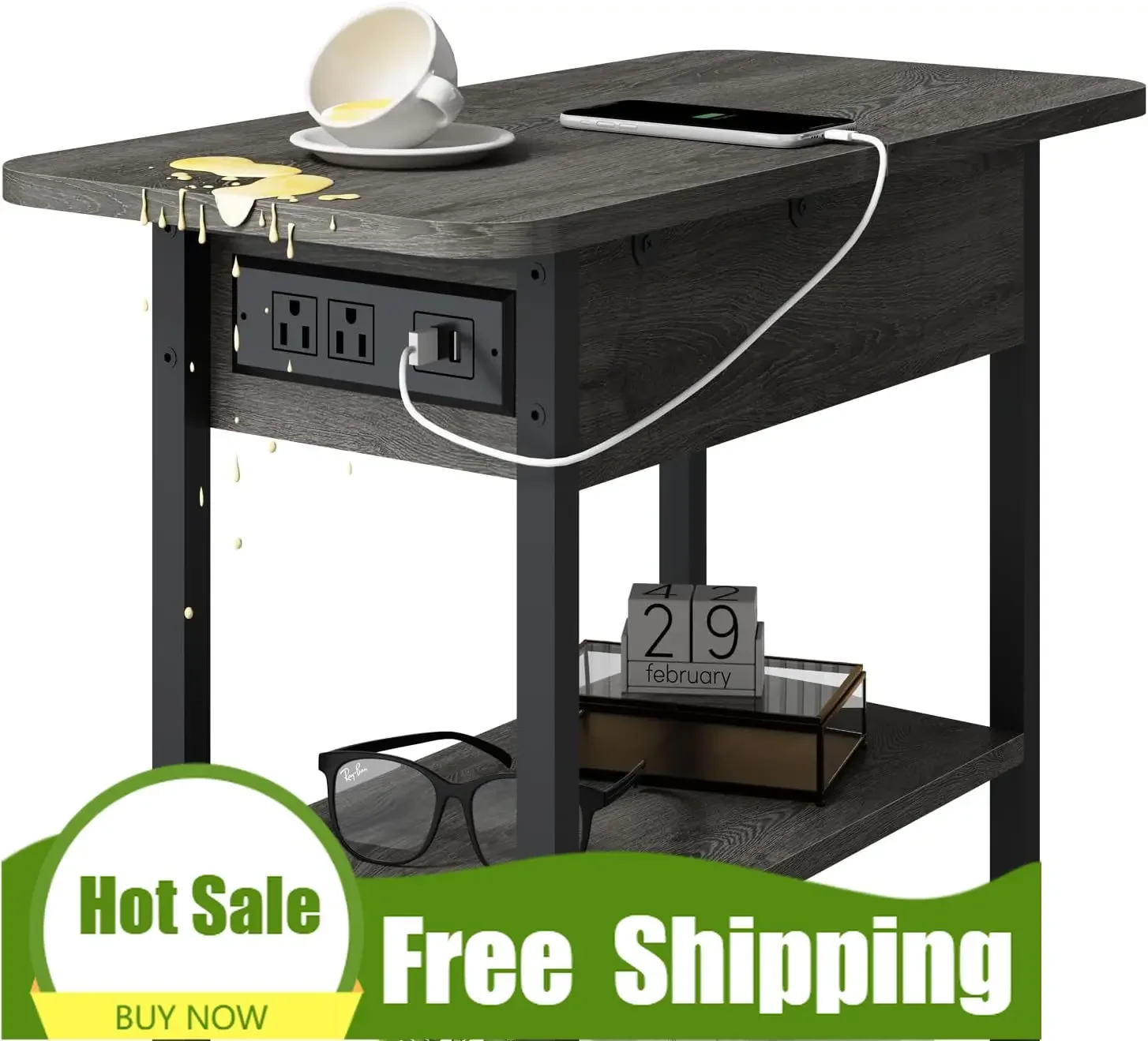 [Bestseller, jetzt kaufen! ]Premium-Beistelltisch mit Ladestation, schmaler Beistelltisch mit Klappplatte für kleine Räume, Nachttische im 2er-Set