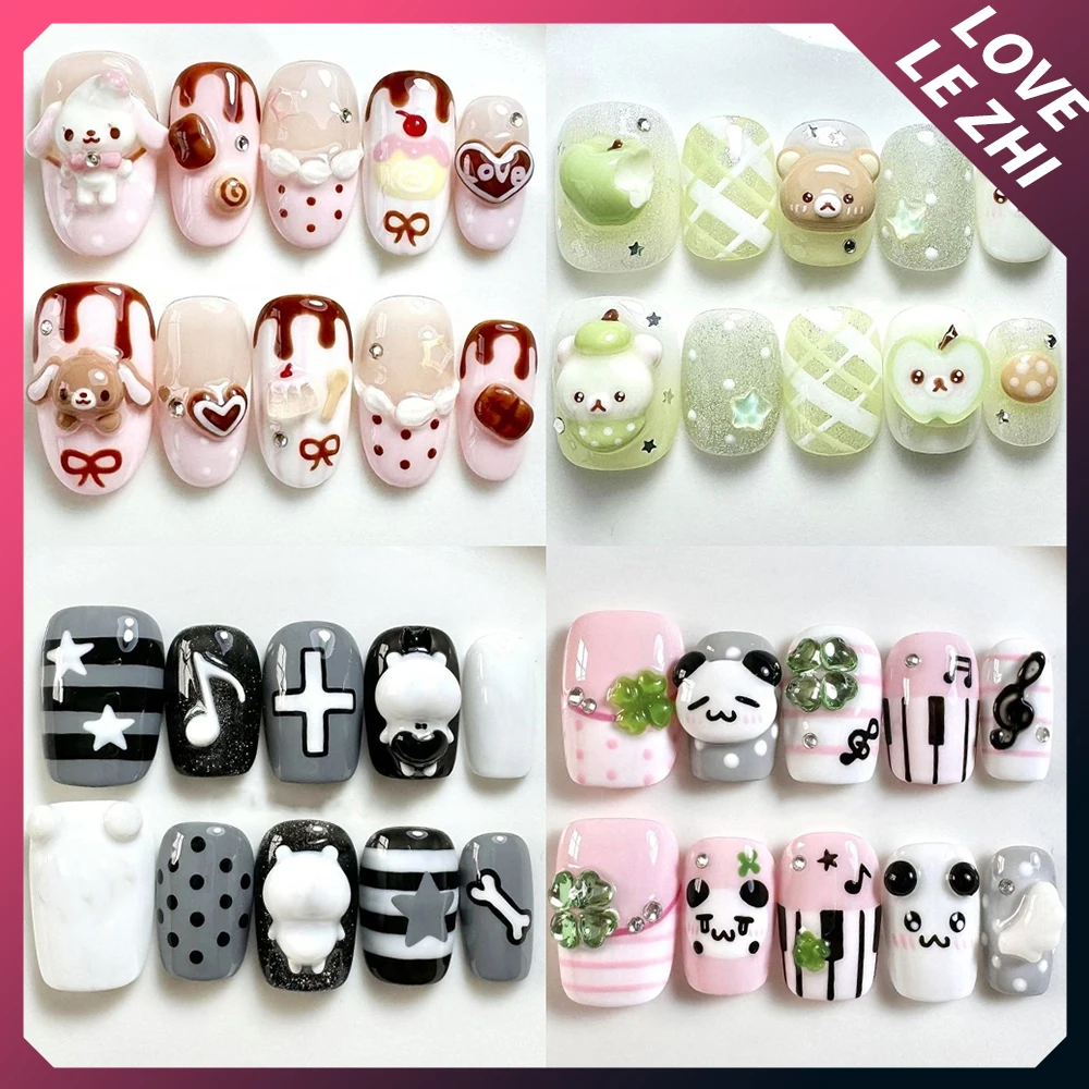 

Cartoon Anime Rilakkuma Handmade Short Square Almond Press On Nails Cute Bear Cat Four-Leaf Clover Hand-Drawn Pattern Fake Nails