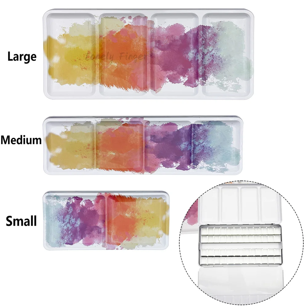 

Empty Metal Watercolor Tin Palette Boxes with 14/26/52pcs Detachable Half-Pans Design for DIY and Travel Use(Small/Medium/Large）