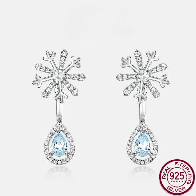 

New S925 pure silver snowflake shaped sky blue topaz earrings European and American style light luxury versatile wedding jewelry