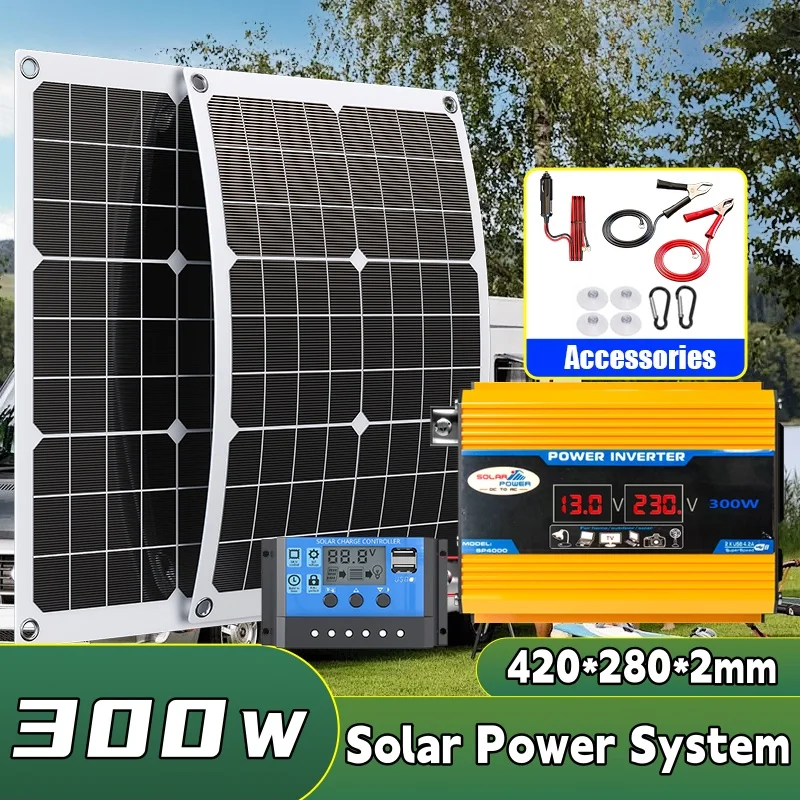 

Solar Panel System 12V to 110V/220V Solar Panel Battery Charge Controller 300W Solar Inverter Kit Complete Power Generation