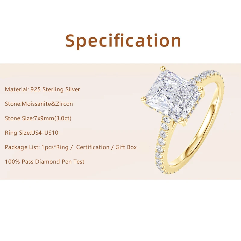 Lnngy 7x9mm Radiant Cut Moissanite Engagement Ring With Certificate for Women Bijoux Argent 925 Sterling Silver Dating Rings